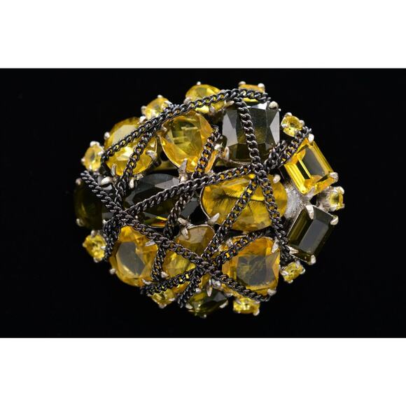 Stella & Dot Crystal Brooch Pin Open Bezel Orange Gunmetal Chain Sparkling BinAC - Picture 1 of 12